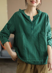 DIY Green Hooded Patchwork Oversized Cotton Shirt Top Spring