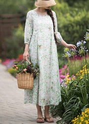 DIY Green Leaves Quilting Dresses O Neck Lantern Sleeve Robes Summer Dresses - SooLinen