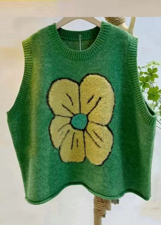DIY Green O-Neck Print Cotton Knit Waistcoat Fall
