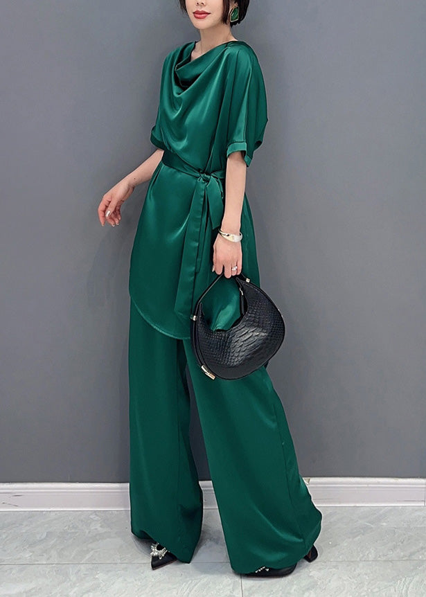 DIY Green O-Neck Solid Top And Wide Leg Pants Two Pieces Set Short Sleeve