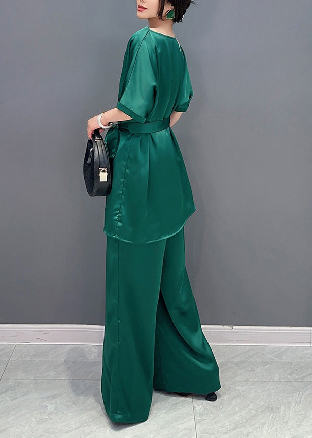 DIY Green O-Neck Solid Top And Wide Leg Pants Two Pieces Set Short Sleeve