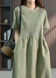DIY Green O-Neck Wrinkled Solid Linen Maxi Dress Short Sleeve