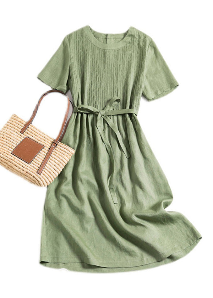 DIY Green O-Neck Wrinkled Solid Linen Maxi Dress Short Sleeve