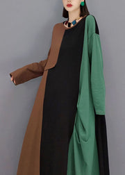 DIY Green O-Neck Taschen Asymmetrische Patchwork Lange Kleider Frühling