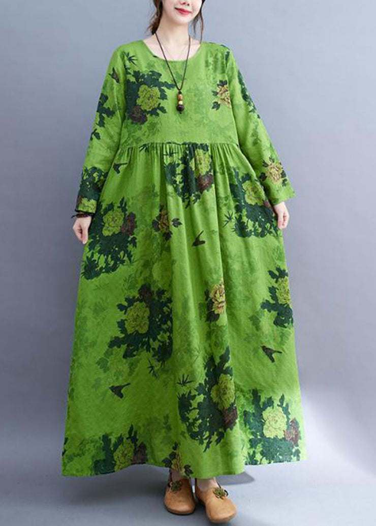 DIY Green Oversized Print Cotton Ankle Dress Spring