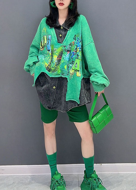 DIY Green Peter Pan Collar False Two Pieces Patchwork Denim Long – SooLinen