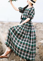 DIY Green Plaid Cinched Pockets Robe Summer Linen Dress - SooLinen