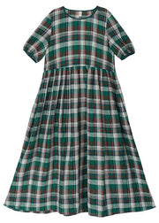 DIY Green Plaid Cinched Pockets Robe Summer Linen Dress - SooLinen