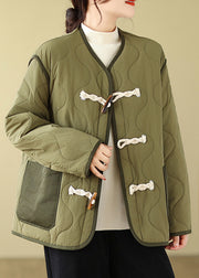 DIY Green Pockets Horn Button Fine Cotton Filled Jackets Winter