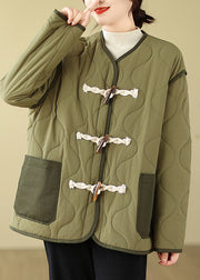 DIY Green Pockets Horn Button Fine Cotton Filled Jackets Winter