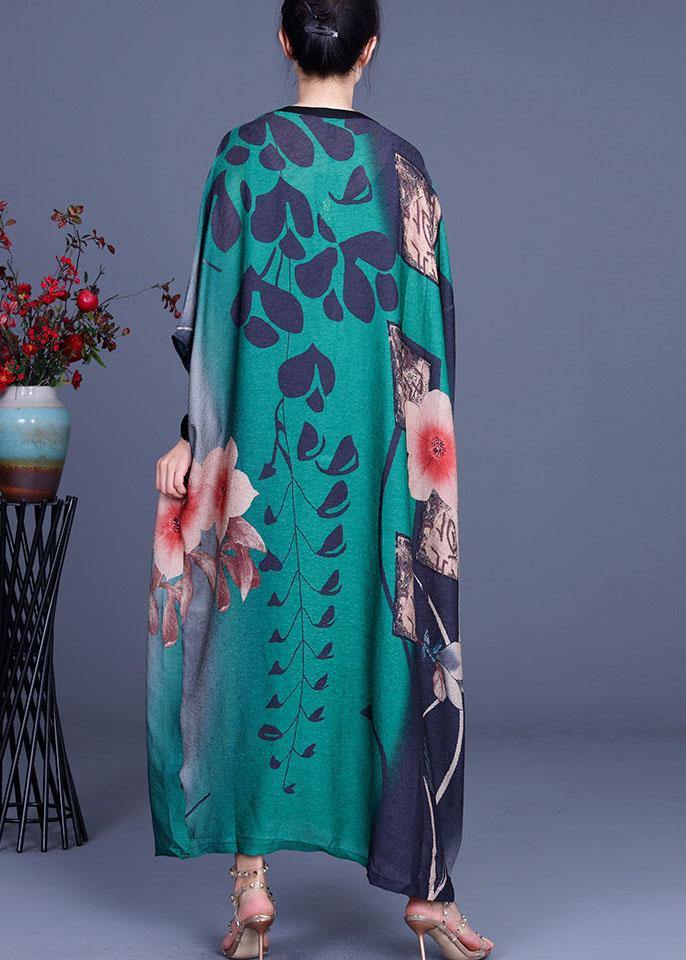 DIY Green Print Button V Neck Silk Dress Summer - SooLinen