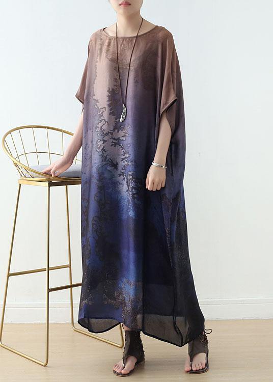 DIY Green Print Chiffon Batwing Sleeve Summer Long Dresses - SooLinen