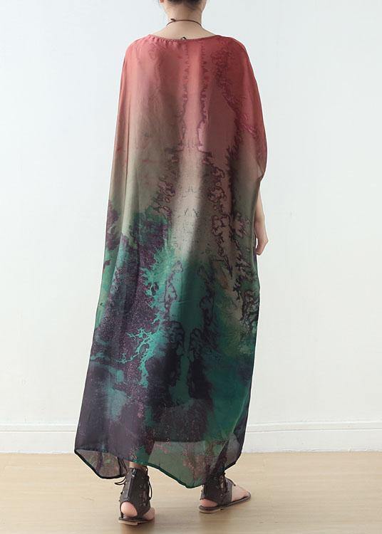 DIY Green Print Chiffon Batwing Sleeve Summer Long Dresses - SooLinen