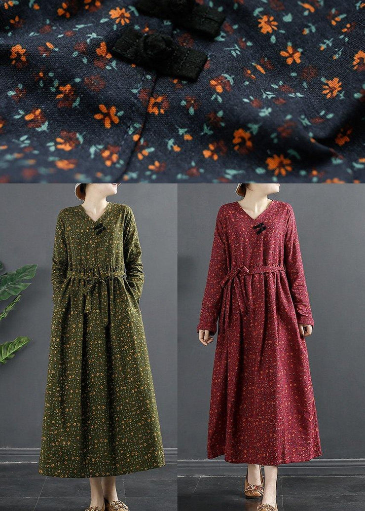 DIY Green Print Quilting Clothes V Neck Maxi Dresses - SooLinen