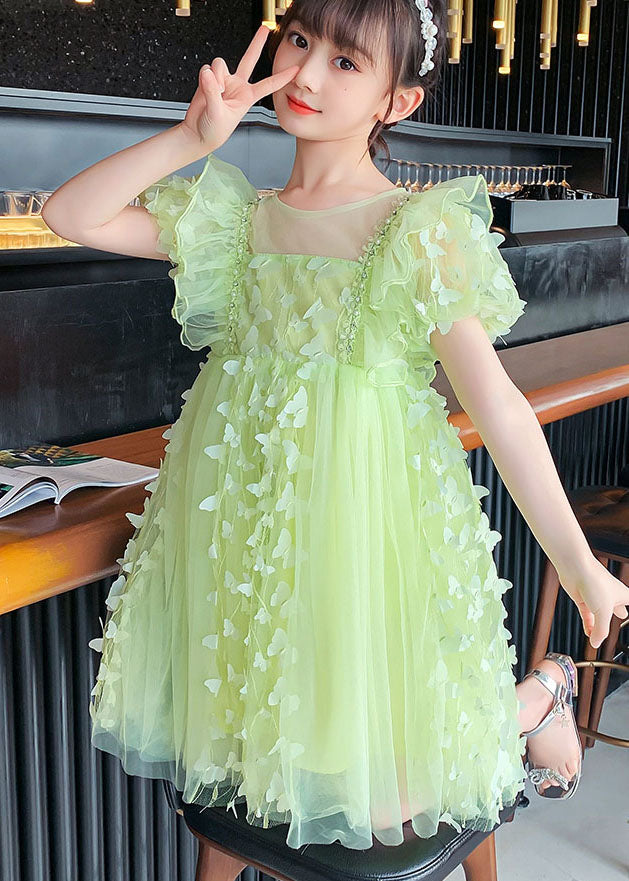 DIY Green Ruffled Butterfly Patchwork Tulle Kids Girls Mid Dress Summer