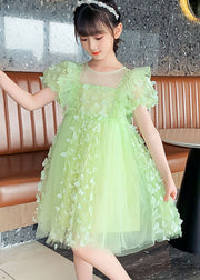 DIY Green Ruffled Butterfly Patchwork Tulle Kids Girls Mid Dress Summer