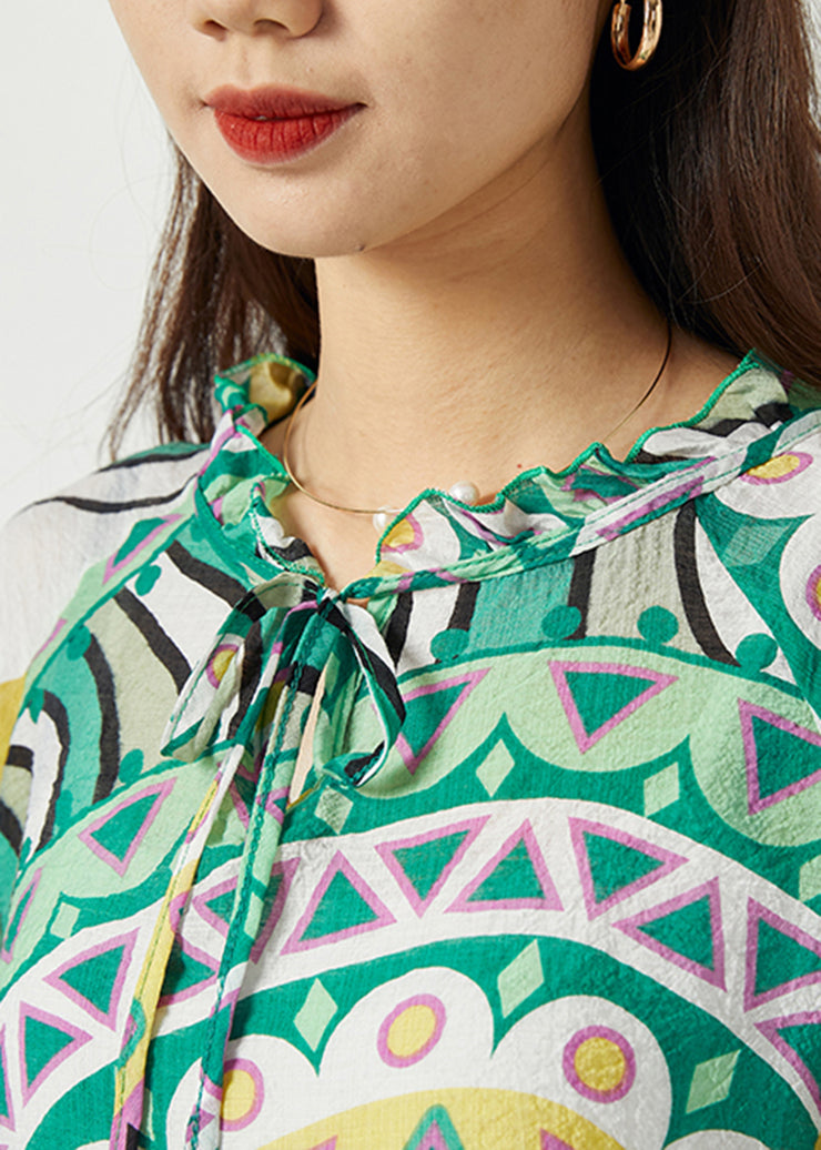 DIY Green Ruffled Collar Print Cotton Two Pieces Set Bracelet Sleeve