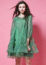 DIY Green Ruffled Patchwork Organza Lace Short Dress Bracelet Sleeve