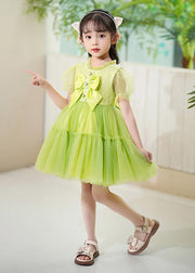 DIY Green Ruffled Patchwork Tulle Kids Girls Dress Summer