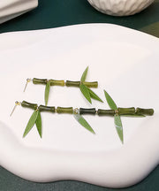 DIY Green Silver Inlaid Gem Stone Bamboo Knot Drop Earrings