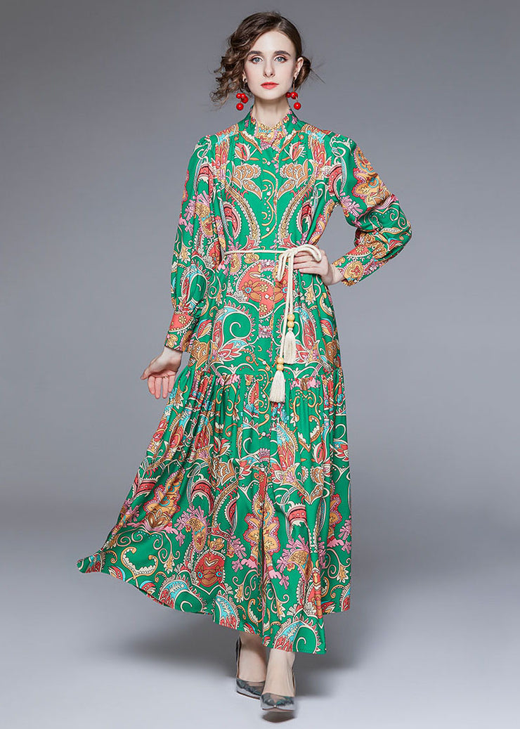 DIY Green Stand Collar Print Wrinkled Sashes Chiffon Holiday Dress Fall