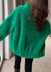 DIY Green Stand Collar Zippered Cozy Faux Fur Coat Long Sleeve