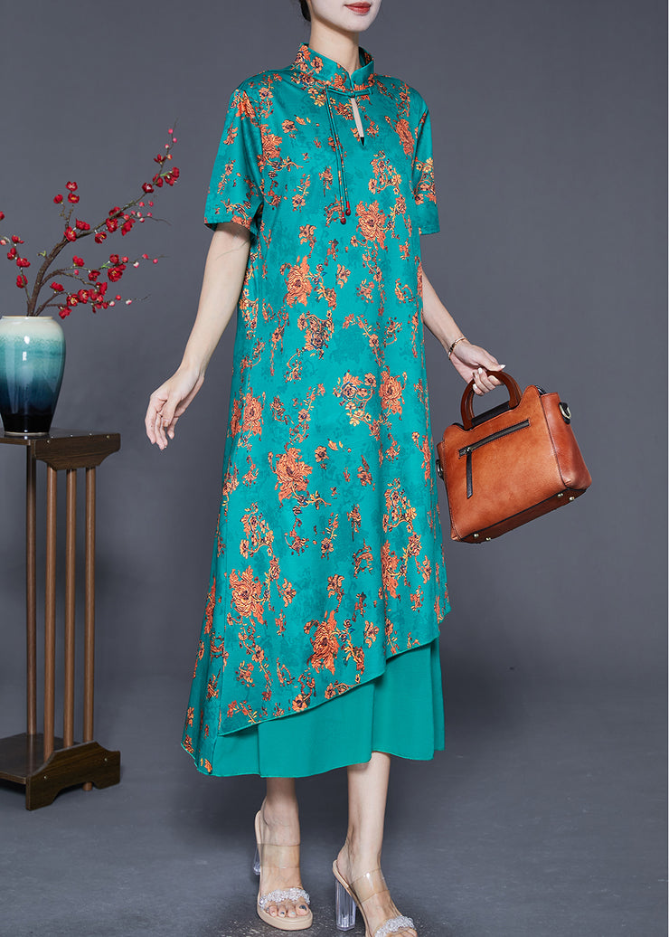DIY Green Tasseled Print Silk Long Dress Summer