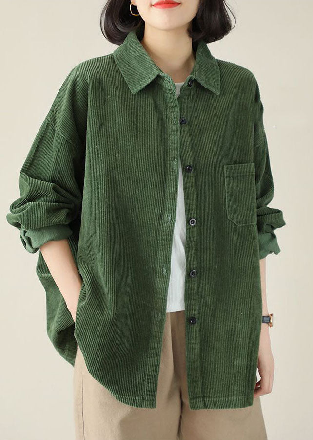 DIY Green Turn-down Collar Oversized Pocket Corduroy Blouse Top Spring