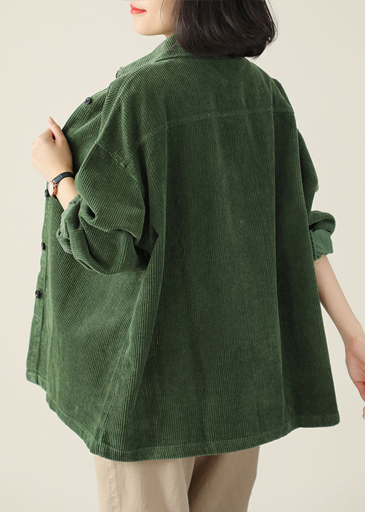 DIY Green Turn-down Collar Oversized Pocket Corduroy Blouse Top Spring