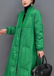 DIY Green V Neck Button Thick Duck Down Down Coat Winter