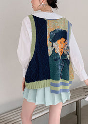 DIY Green V Neck Jacquard cozy Fall Knit Vest