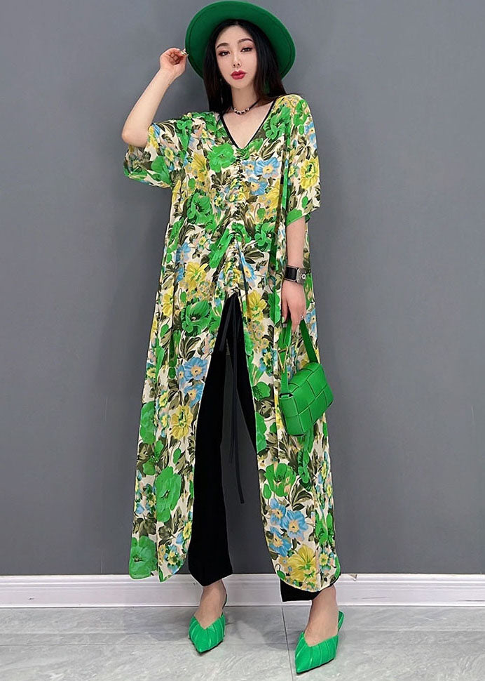 DIY Green V Neck Patchwork Print Knitter langes Kleid Kurzarm