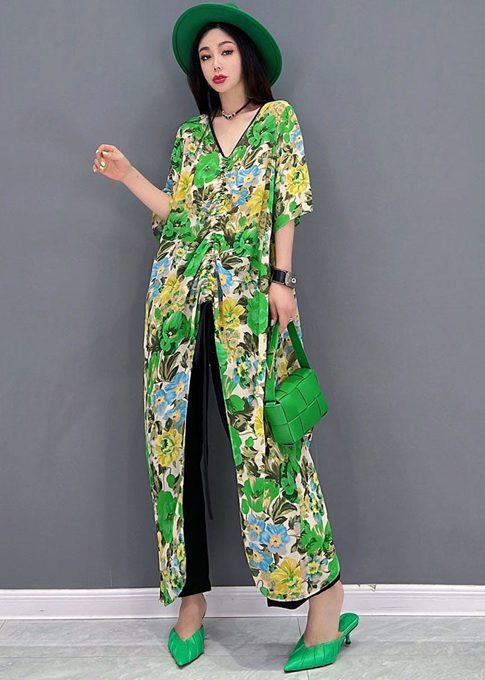 DIY Green V Neck Patchwork Print Wrinkled Long Dress Short Sleeve
