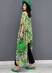 DIY Green V Neck Patchwork Print Knitter langes Kleid Kurzarm