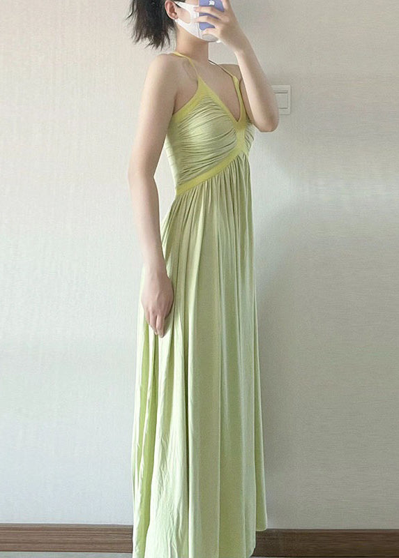DIY Green V Neck Patchwork Wrinkled Slim Long Dress Sleeveless