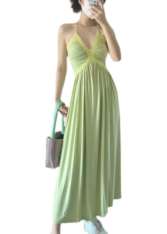 DIY Green V Neck Patchwork Wrinkled Slim Long Dress Sleeveless