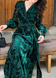DIY Green V Neck Print Silk Velour Tie Waist Maxi Dresses Fall