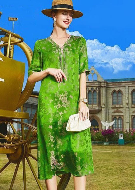 DIY Green V Neck Tasseled Print Patchwork Silk Dresses Summer