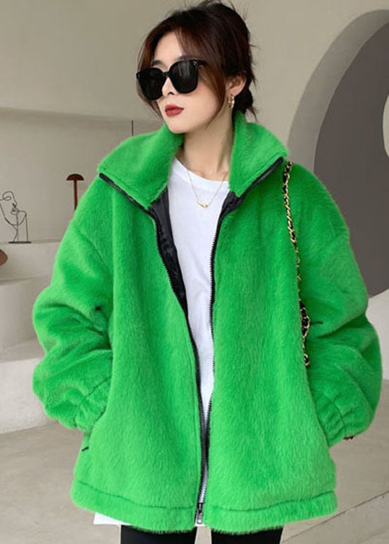 DIY Green Zip Up Mink velvet thick Winter outwear