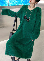 DIY Green cozy Mink velvet Casual Fall Sweater Dress