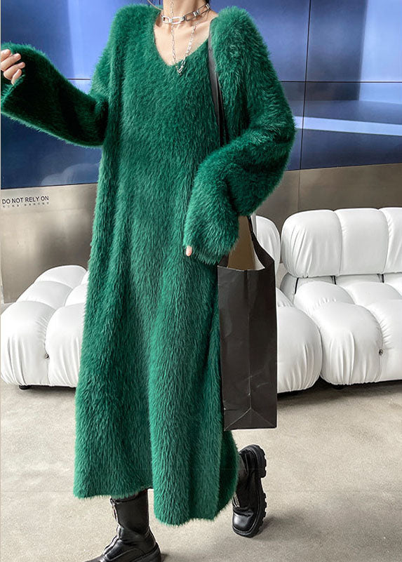 DIY Green cozy Mink velvet Casual Fall Sweater Dress