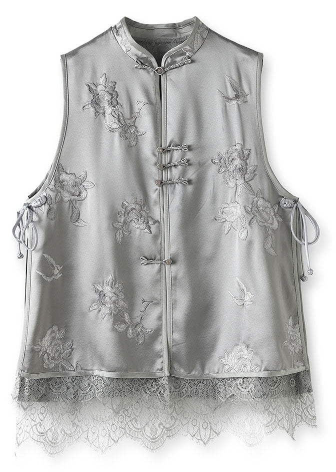 DIY Grey Embroidered Lace Patchwork Button Silk Coats Sleeveless
