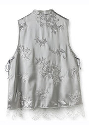 DIY Grey Embroidered Lace Patchwork Button Silk Coats Sleeveless