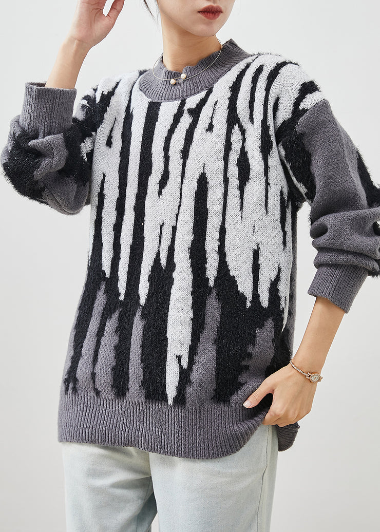 DIY Grey Oversized Jacquard Knit Pullover Winter