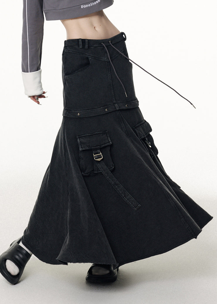 DIY Grey Patchwork Elastic Waist Drawstring Denim Maxi Skirts Fall