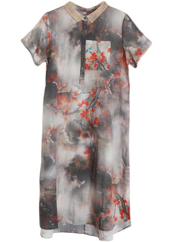 DIY Grey Print Silk Pockets Summer Vacation Dresses - SooLinen