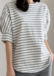 DIY Grey Striped O Neck Cotton T Shirt Tops Puff Sleeve