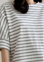 DIY Grey Striped O Neck Cotton T Shirt Tops Puff Sleeve
