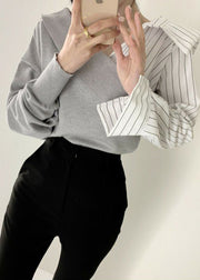 DIY Grey V Neck Cross Patchwork Knit Shirt Tops Spring