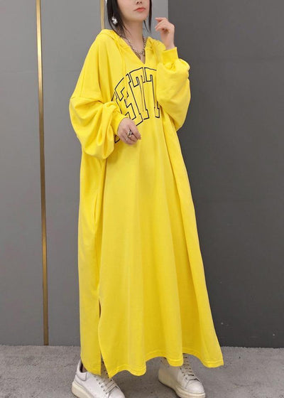 DIY Hooded Side Open Spring Quilting Clothes Yellow Letter Long Dresses - SooLinen